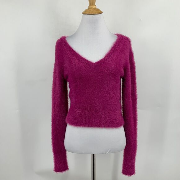 Volcom Sweater Womens S Small Cerise Fuzzy Clued 2 You V Neck Cropped Pullover - Picture 2 of 13